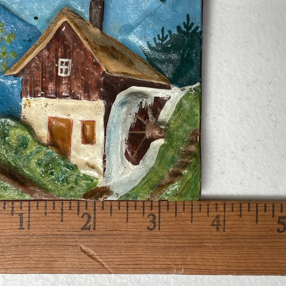 Vintage Hand Painted 3D Tile Cottage Mountains Trees French Farmhouse Prairie‎